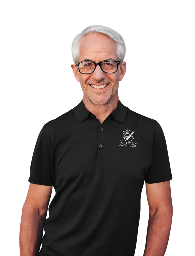 Elderly gentleman wearing glasses and a black polo shirt with the "Las Vegas Notary" logo.