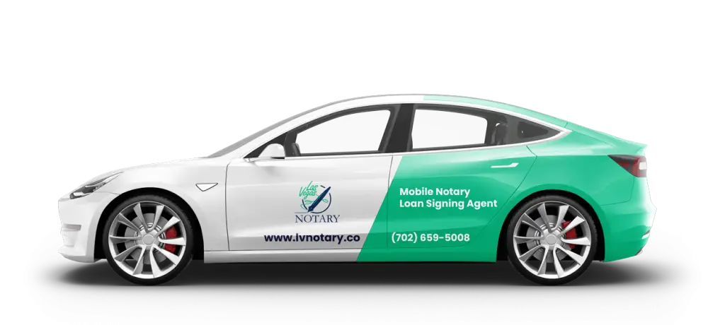 2020 Tesla Model 3 Performance with Las Vegas Notary branding, emphasizing "Mobile Notary, Loan Signing Agent"