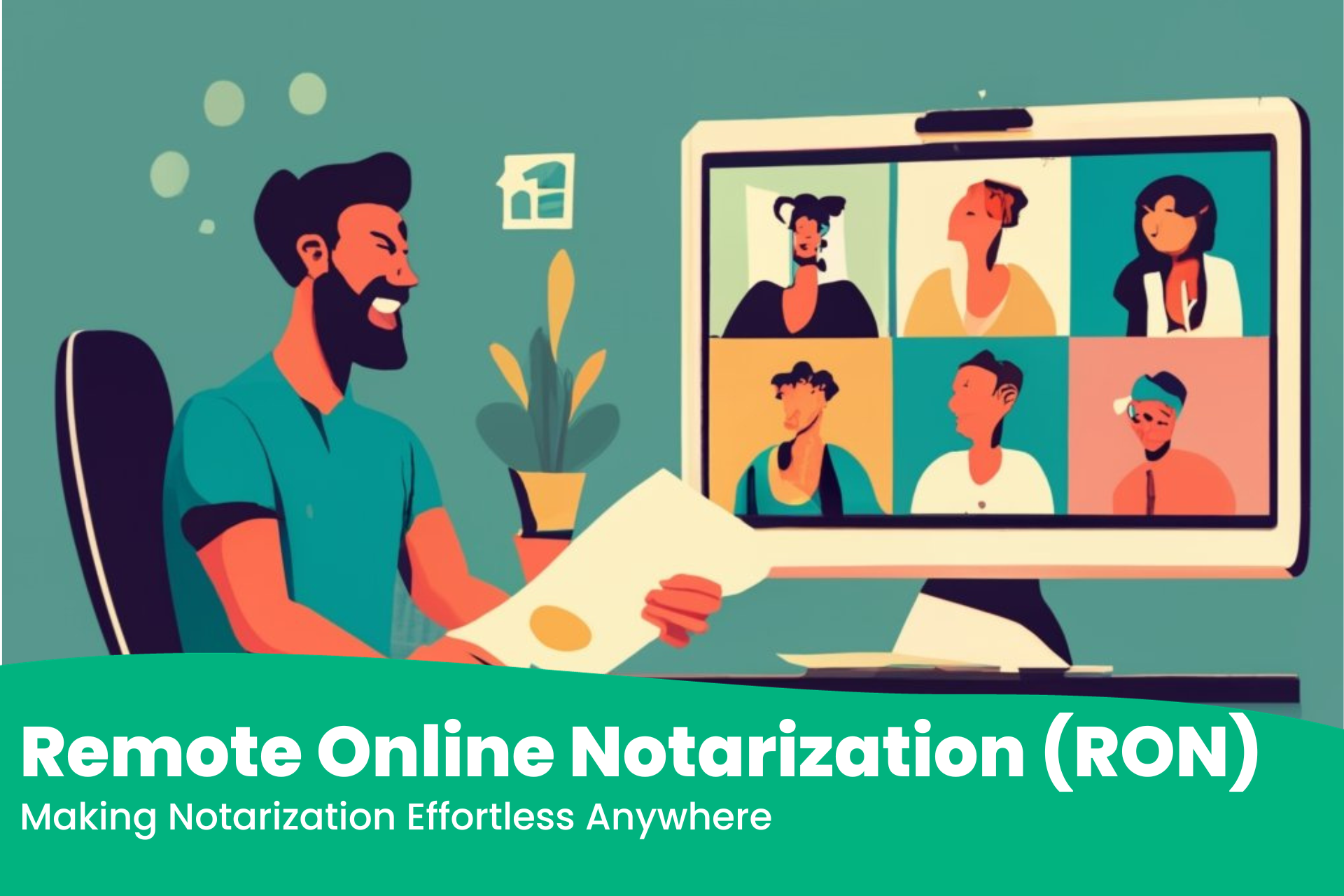 Cartoon illustration of a online notary session with 6 participants