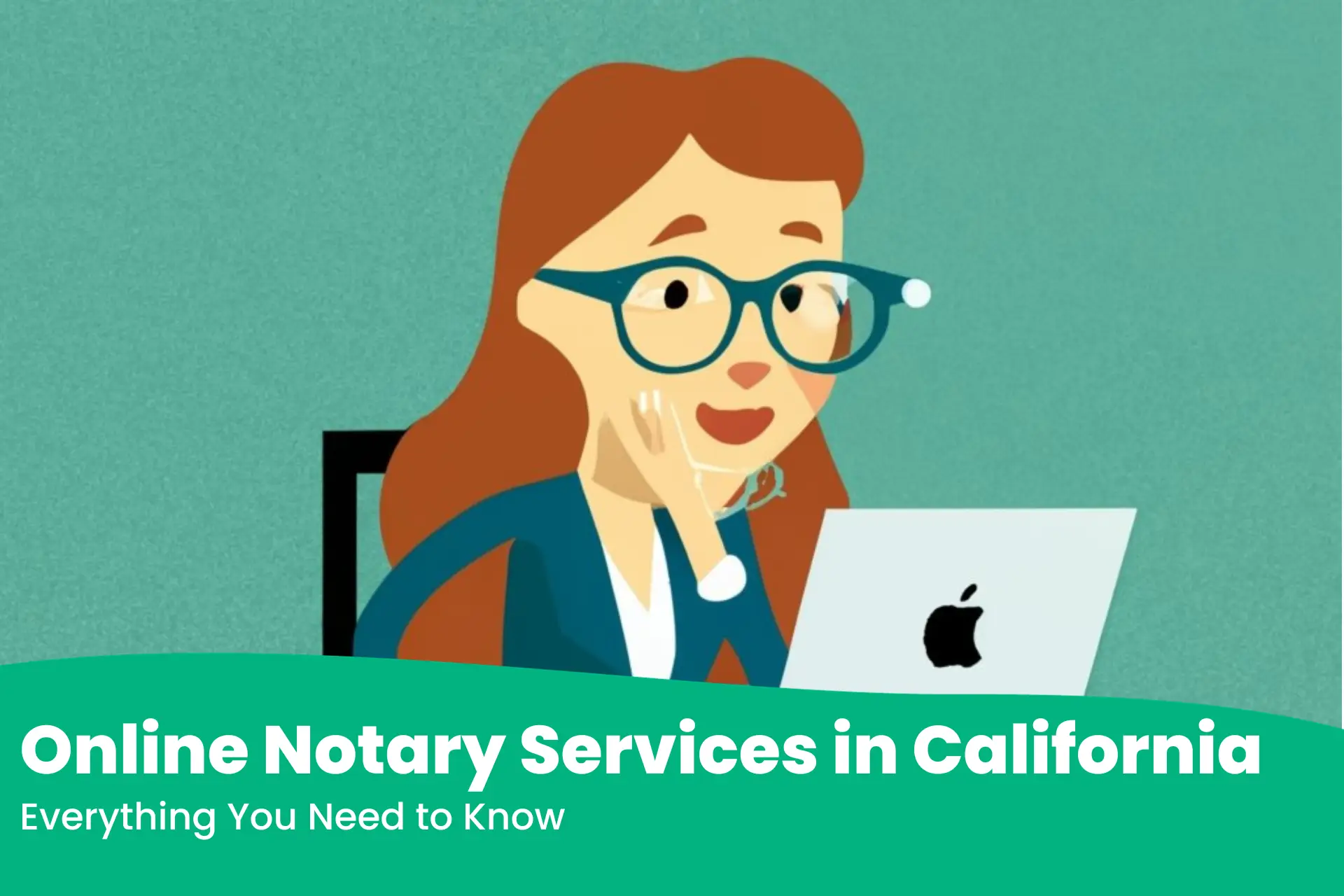 Illustration of a woman using a laptop with the title 'Online Notary Services in California' for a Las Vegas Notary blog post.
