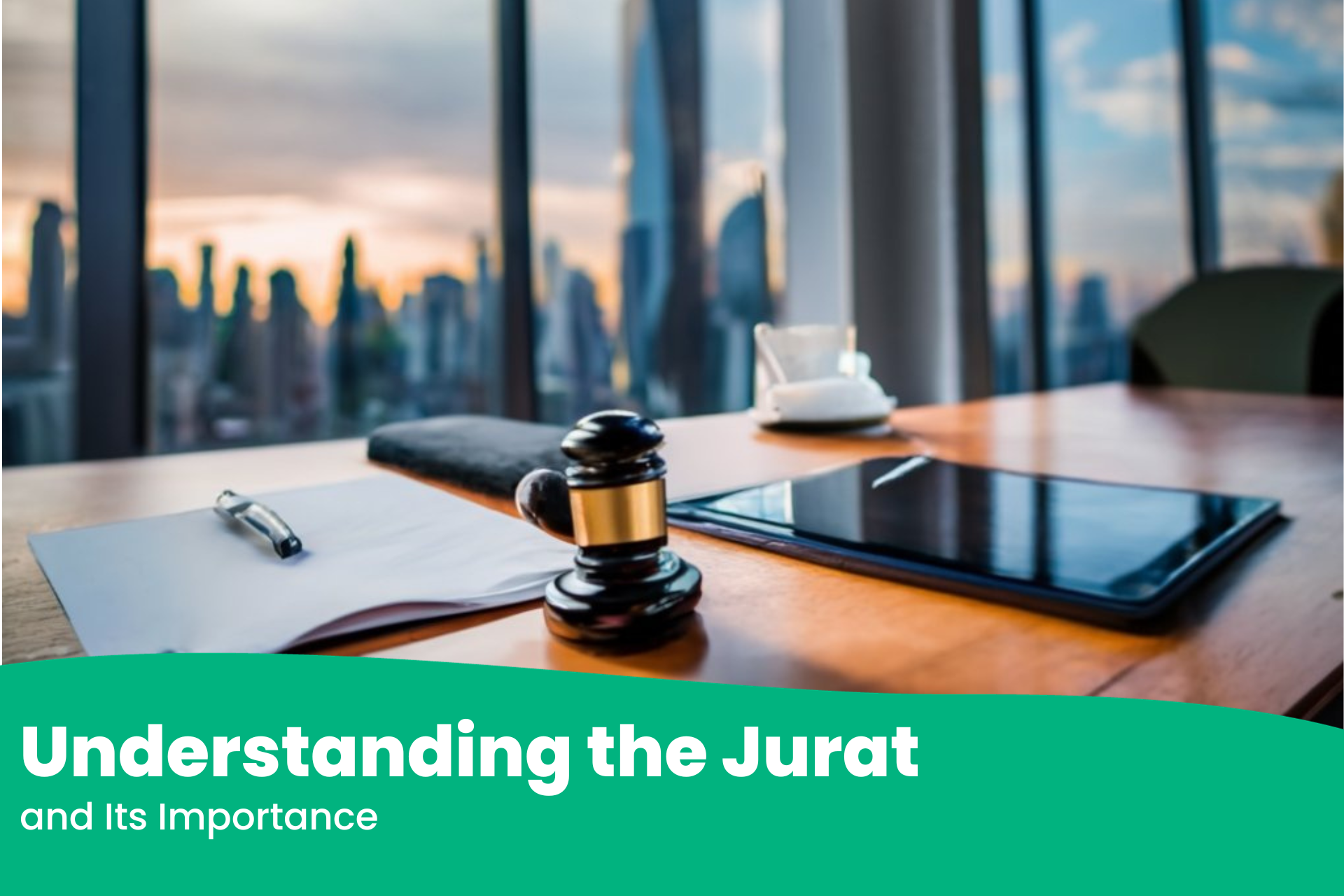 Jurat document setup with gavel and tablet, representing Las Vegas Notary services in an office overlooking a city skyline.