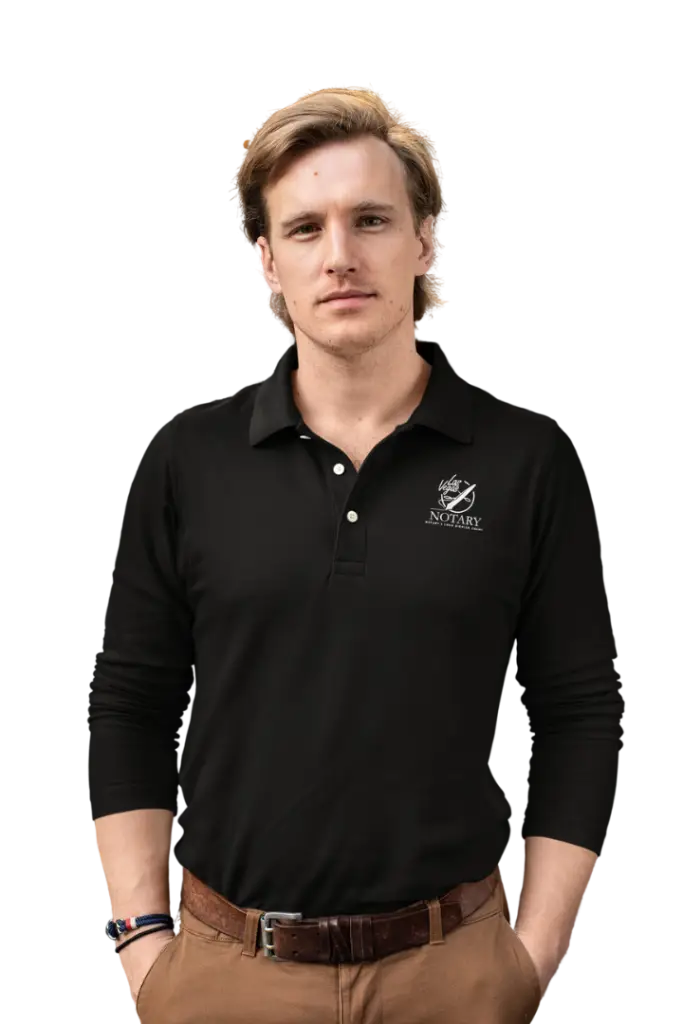 Professional male staff member of Las Vegas Notary wearing a black polo shirt with company logo, displaying a friendly yet professional demeanor.