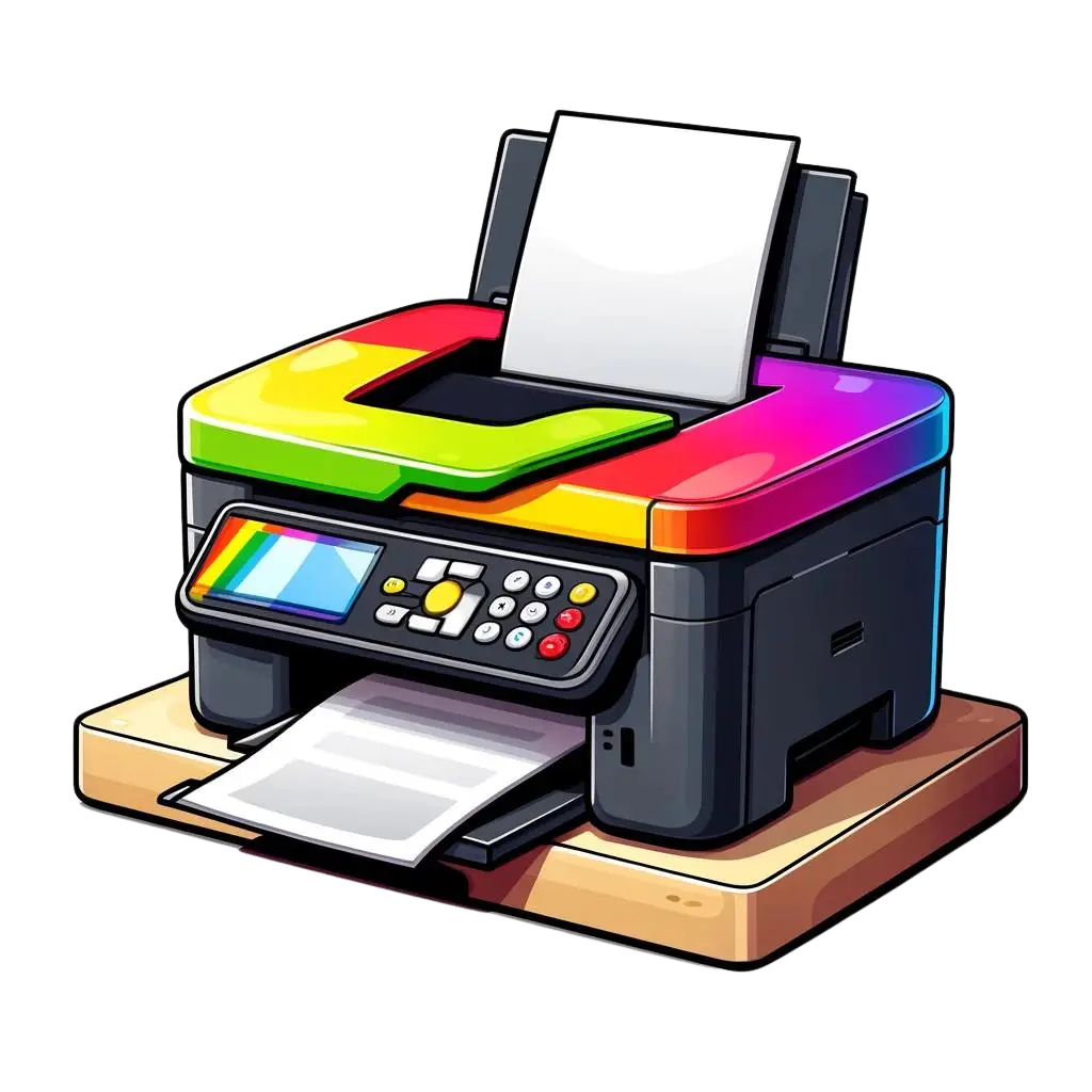 A vibrant, colorful multifunction printer producing black and white documents, placed on a contemporary desk against a white background, illustrating high-efficiency monochrome printing.