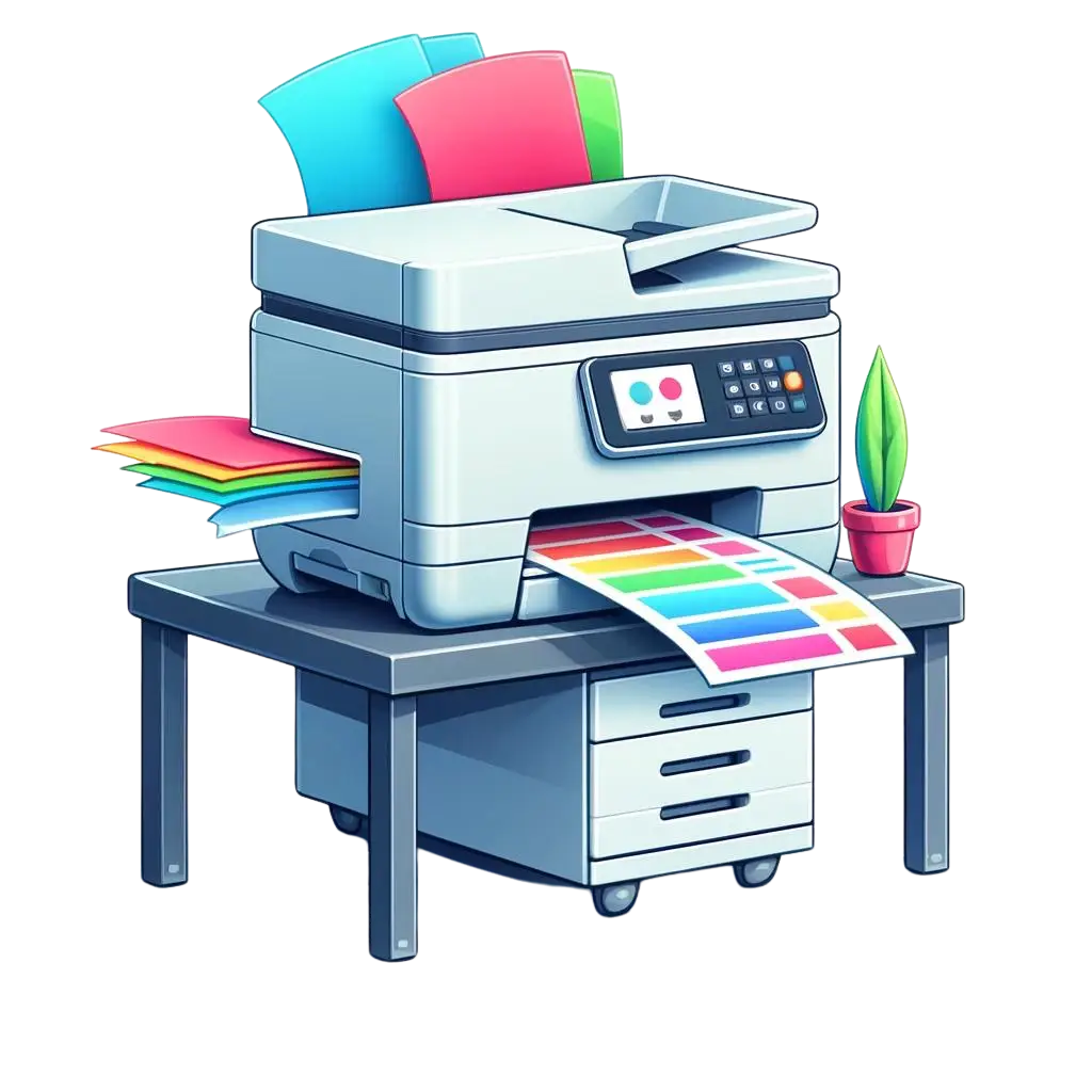Colorful documents being printed by a multifunction printer on a modern desk, showcasing Las Vegas Notary's efficient color document printing services