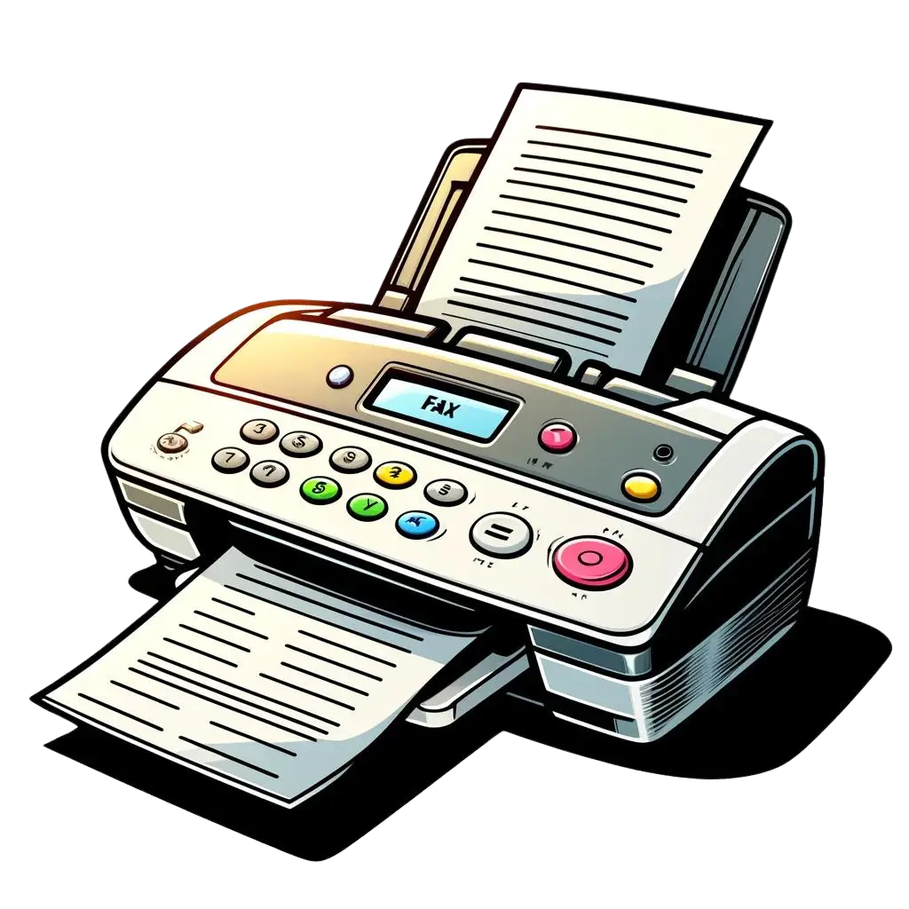 A charming, modern fax machine in pastel blue, with a whimsical design, sends a fax. The black and white document emerging from the machine contrasts with its playful color, set on a clean white background, signifying a blend of fun and functionality in office equipment.