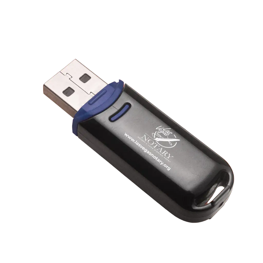 A black USB flash drive with a blue slider, branded with the Las Vegas Notary logo and website address, symbolizing secure and portable document storage solutions.